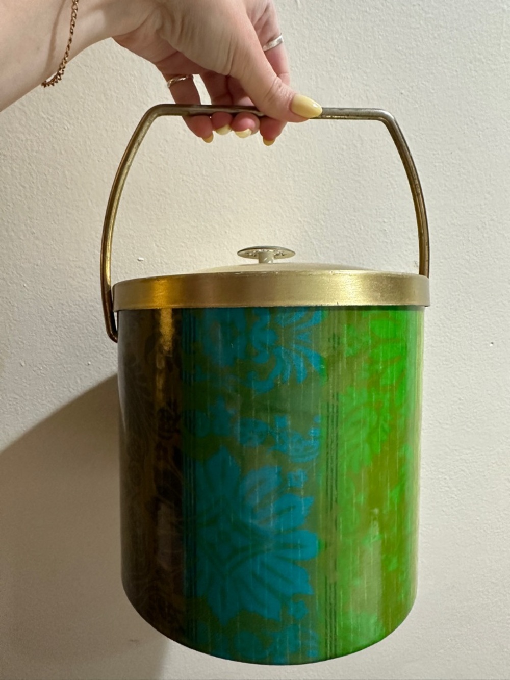 Mid Century Vintage Gold-Handled Green/Blue Decorative Ice Bucket